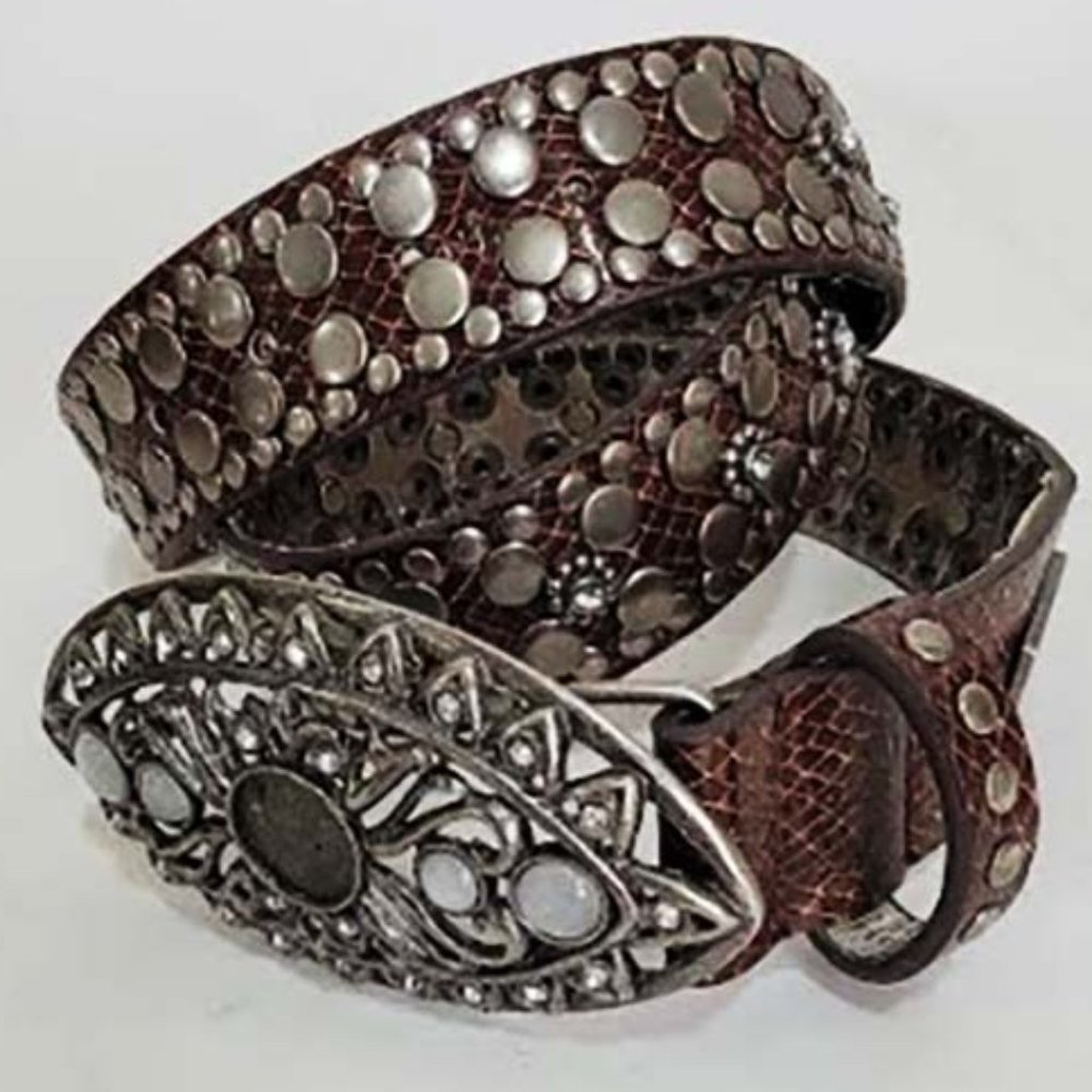 Guess Heavily Studded Brown Leather Belt Rhinestone MOP Buckle Woment 36"